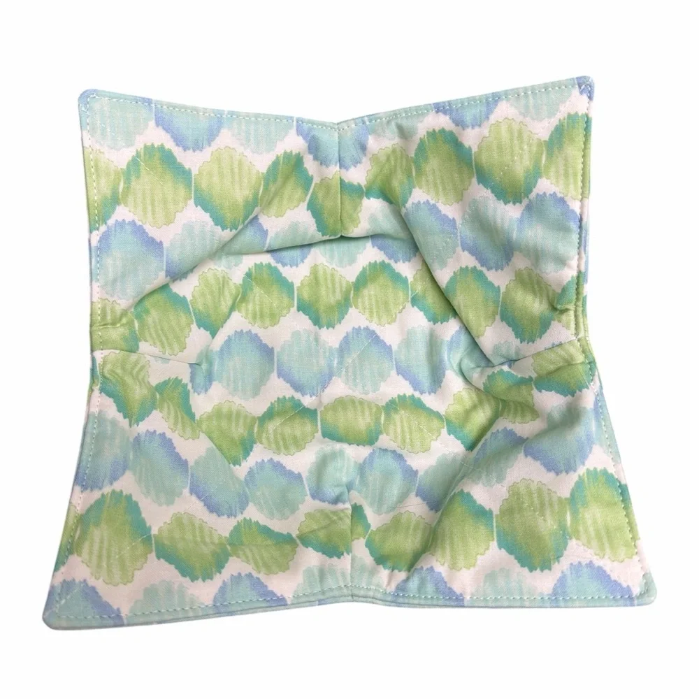 Hand Crafted Bowl Cozy Bowl Holder Microwavable Cotton Padded Green and Blue